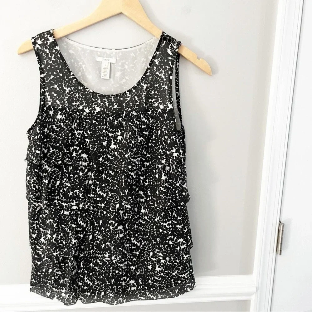 J.Crew 100% Silk Layered Tank Blouse Black White Floral Sleeveless Size 2
